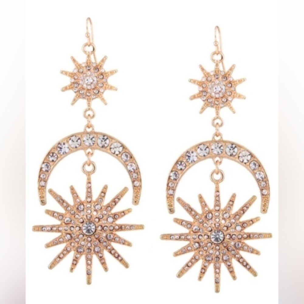 Long 24k Gold Plated Crescent Moon Stars Earrings Crystal Chandelier Celestial